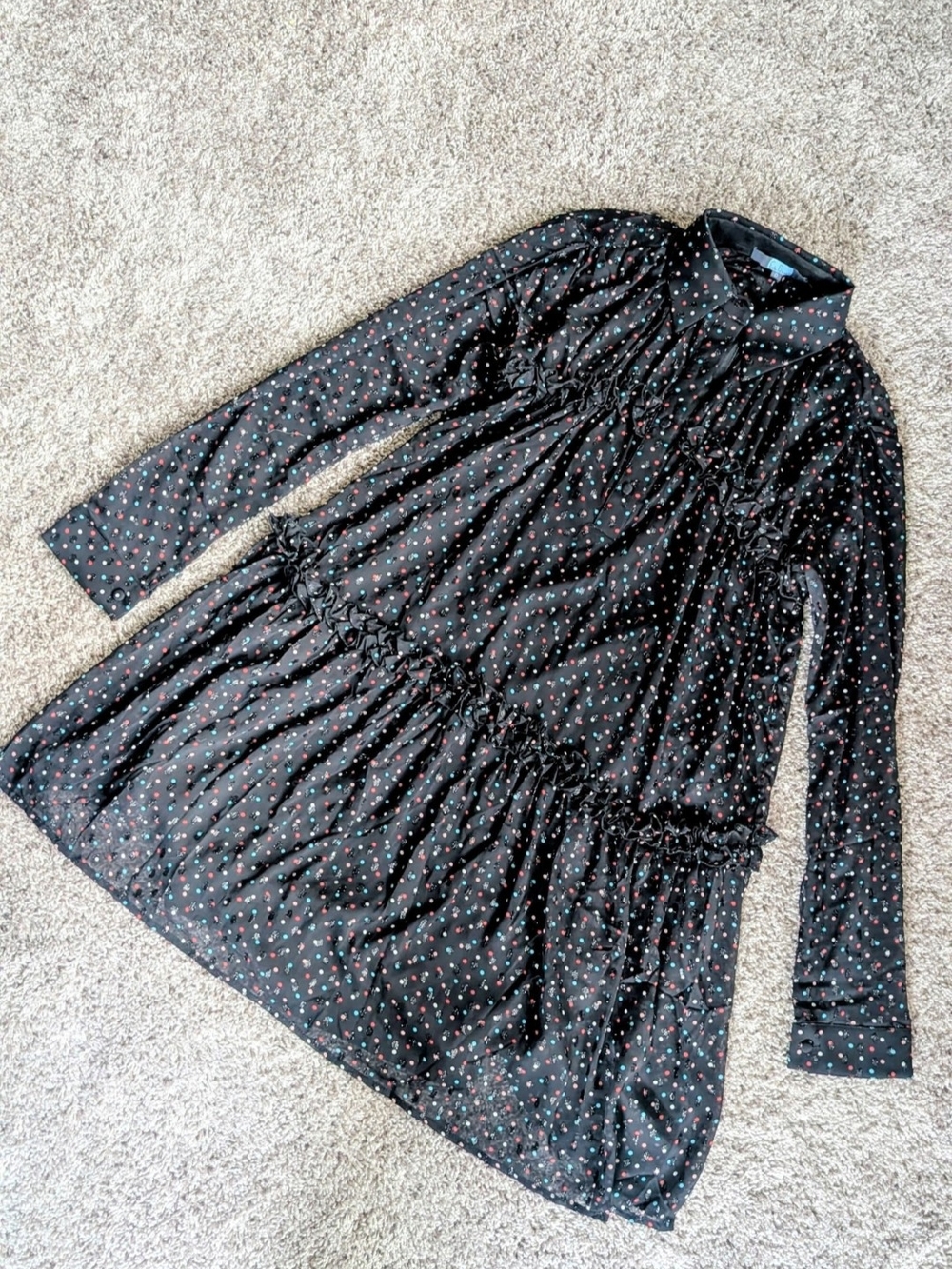 Eva Franco Black Long-Sleeve Polkadot Mini Dress